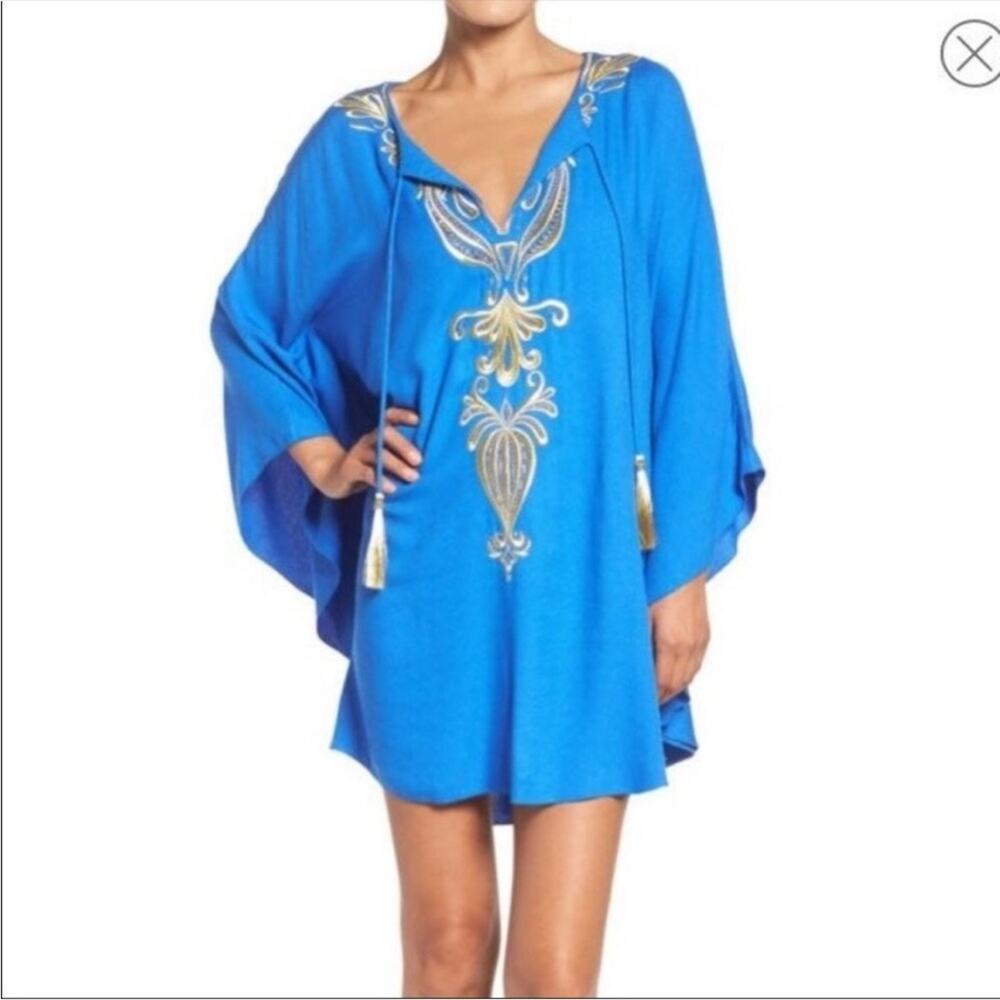 Lilly Pulitzer Emera Caftan Dress Sz S/M blue gold